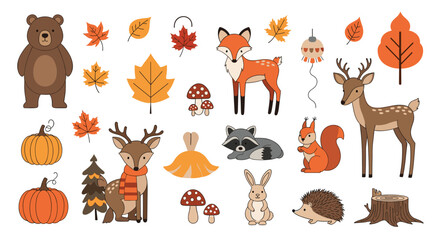 Obraz premium Charming autumn forest woodland animals and fall foliage elements for seasonal designs