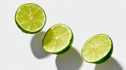 明るい白背景に浮かぶカットライムのクローズアップ写真。爽やかなドリンクや夏のイメージに適した素材。
