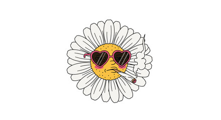 Cool daisy flower character wearing heart shaped sunglasses and smoking a cigarette with a chill vibe