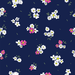dark navy seamless floral pattern with white pink and purple blossoms for digital fabric prints, gift wrapping and surface design.