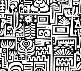 A black and white hand-drawn drawing in the Mexican style.Seamless pattern.