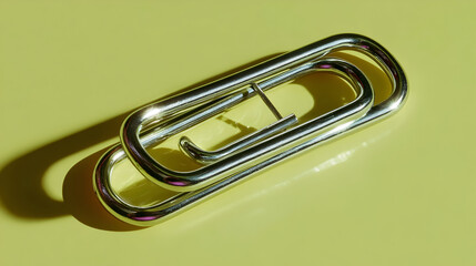 Shiny metallic paper clip resting on a vibrant green surface, casting a distinct shadow, symbolizing organization and creativity in everyday life