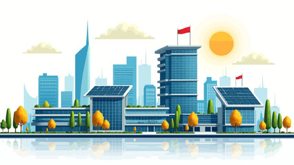 A stylized cityscape illustration featuring modern buildings, solar panels, trees, flags, and a bright sun against a white background with cloud accents.