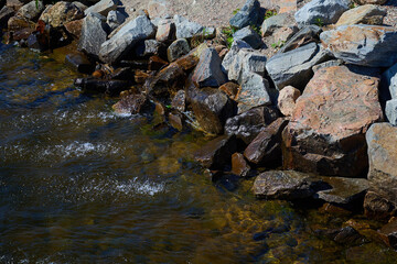 Rocky Shore with Flowing Water at Sunset