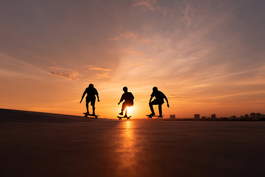 urban skateboarding, adolescents skateboarding in an urban environment as the sun sets - Powered by Adobe