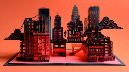 Intricate paper cityscape springs to life from an open book, illustrating creativity and imagination in urban design and architecture