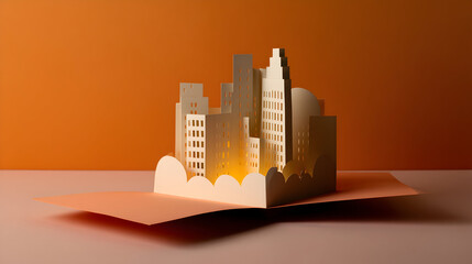 Creative paper art showcases a detailed pop-up skyline of a bustling city at sunset, highlighting iconic towers and urban architecture