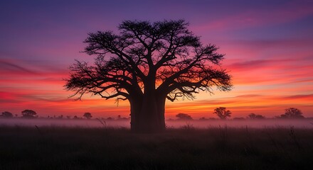Naklejka premium Silhouette of a large baobab tree against a vibrant purple and orange sunset sky Africa savanna