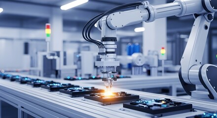 Automated Robot Arm in High-Tech Factory, AI Manufacturing Concept