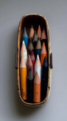 Wooden box filled with colorful art supplies highlighting creativity and artistic expression in a serene workspace