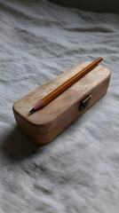 A sharpe pencil resting on a wooden box filled with colorful art supplies highlighting creativity and artistic expression in a serene workspace