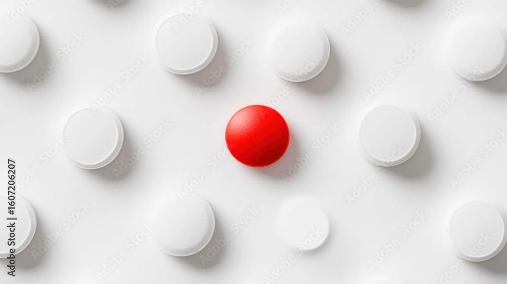 Poster red dot among white circles in minimalistic design creating a striking visual contrast for modern co