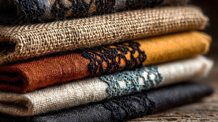 Beautifully arranged stacked fabrics showcasing texture and color diversity in artisan textile design and craftsmanship