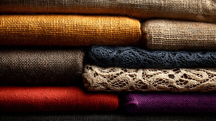 Beautifully arranged stacked fabrics showcasing texture and color diversity in artisan textile design and craftsmanship