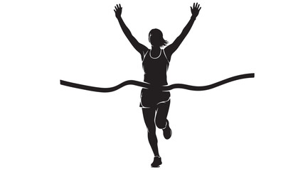 Silhouette of runner crossing finish line with arms raised, vector illustration