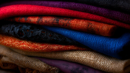 Beautifully arranged stacked fabrics showcasing texture and color diversity in artisan textile design and craftsmanship