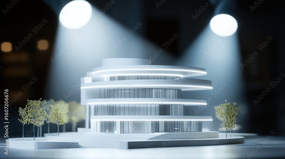Poster modern architectural model illuminated by spotlights with minimalist design featuring circular layer