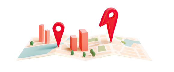 Map with location markers and stylized buildings