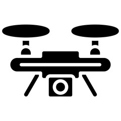 Drone Camera Glyph Black Silhouette Icon Vector Design - A drone equipped with camera, used in aerial photography, videography, or surveillance
