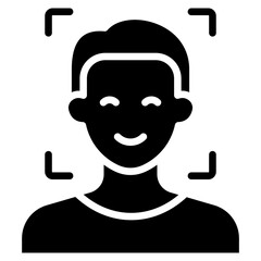 Face Detection Glyph Black Silhouette Icon Vector Design - Face inside focus frame, symbolizing facial recognition, biometric scan, or smart camera features
