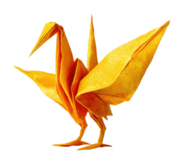 Dynamic yellow origami crane display in creative expression craftsmanship isolated on transparent background