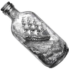 Ship Model Inside a Glass Bottle on Cityscape Background. Gift or Souvenir Idea