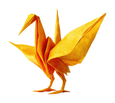 Dynamic yellow origami crane display in creative expression craftsmanship isolated on transparent background
