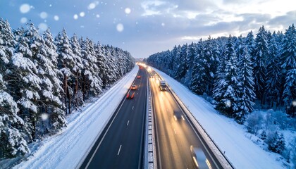 Snowy highway through winter forest