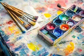 Fototapeta premium Colorful art supplies on a table, paint, brushes, palette