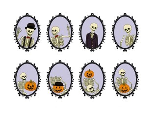 Cute Halloween skeleton portrait gallery in purple ornate frames. Whimsical spooky characters with pumpkins for kids textile and wall art. White background 