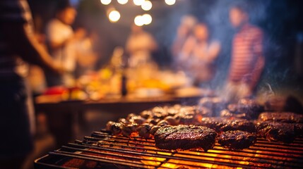 Family enjoying camping dinner party at night with close-up of sizzling grilled food on barbecue, happy people cooking meat and vegetables outdoors under dark sky with warm glowing fire light