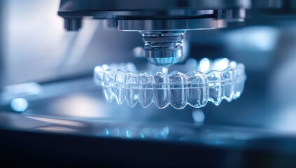 Transparent dental appliance suspended above precision machine.  Clear plastic teeth aligners hover over a sophisticated dental manufacturing apparatus.  Close-up focus on the teeth and machine