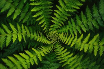 Close-up view of fern fronds, spiraling inward