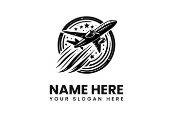 Black and white airplane logo with stars and stylized motion lines.