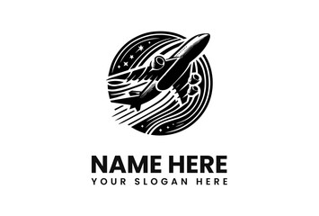 Bold Black Airplane Logo with Cosmic Design.