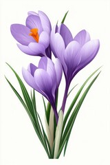 Fototapeta premium Three delicate, light purple crocus flowers with orange stamens, set against a white background. Stems and foliage are a muted green