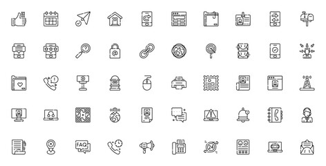 Contact Us icon set. Minimal vector icons pack. Includes thumbs up, calendar, mail, smartphone, chat, call, QR code, customer service, FAQ and more. Editable stroke design.