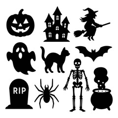 Obraz premium Halloween Vector Icons Set – Spooky Silhouettes of Witch, Pumpkin, Ghost, Cat, Skeleton, Bat and Haunted House