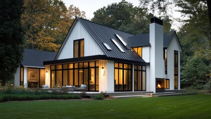 Obraz premium Modern farmhouse home at twilight, featuring a black metal roof, white siding, and large windows