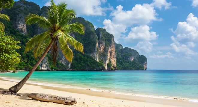 Tropical beach with palm tree turquoise water and limestone cliffs ocean