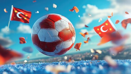 Soccer ball in mid-air, with flags and confetti