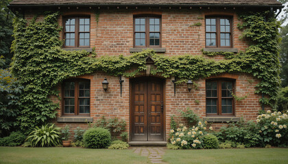 Old brick house with ivy-covered walls, wooden doors, classic vintage vibe, nostalgic mood