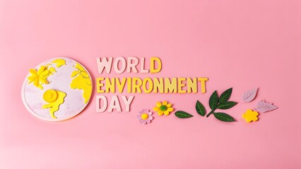 World Environment Day: Pastel Pink Background with Yellow and Green Floral Elements