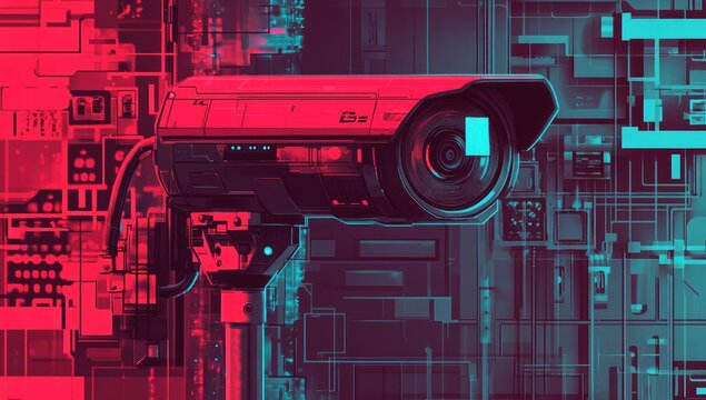 Futuristic surveillance camera, bathed in vibrant neon red and teal hues, set against a complex network of digital circuitry.  A large lens is prominently displayed
