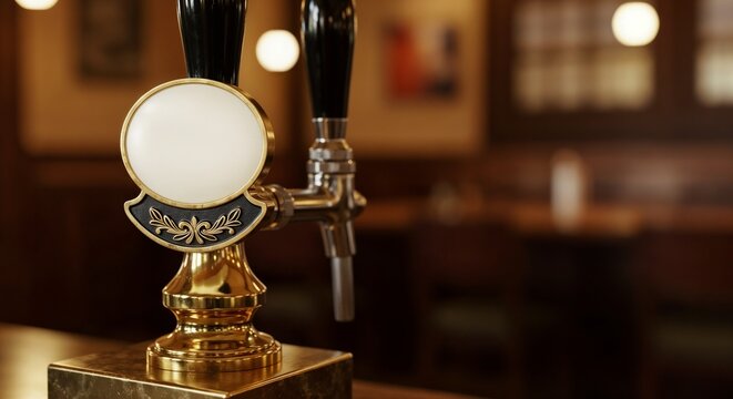Vintage beer pump handle with ornate brass details in a soft focus English pub interior