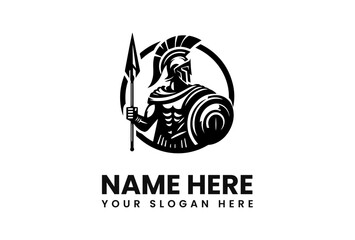 Bold Spartan Warrior Logo with Spear Shield and Helmet Design.