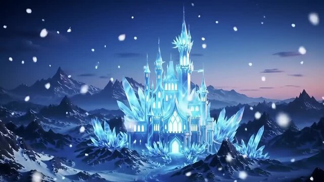 Enchanted ice castle surrounded by snowy mountains at twilight