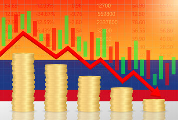 Colombia Economy. Flag of Colombia with Falling Financial Graph. Economic Crisis and Global Recession Concept. Vector Illustration.  