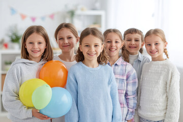 children joyfully play with colorful balloons against clean ultrabright background celebrating childhood cancer
