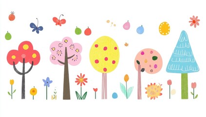 Colorful, simple trees and flowers, children's illustration